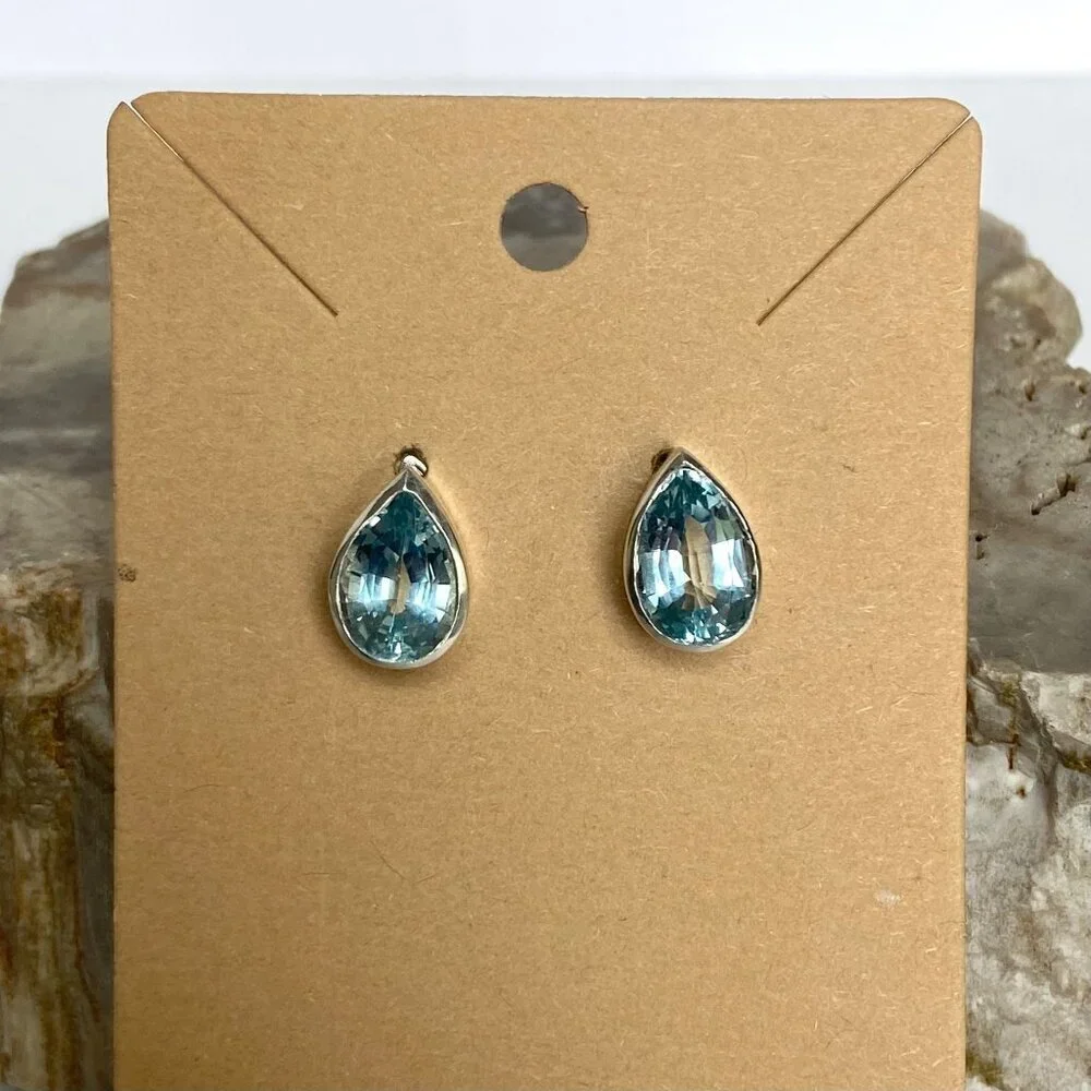Sterling Silver 925 14K Gold Pear Shaped Chunky Blue Topaz Stud Earrings